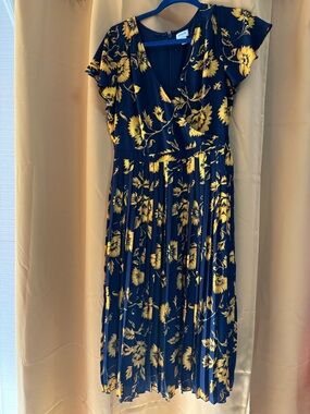 J. Crew Navy Midi Dress with Yellow Floral Print